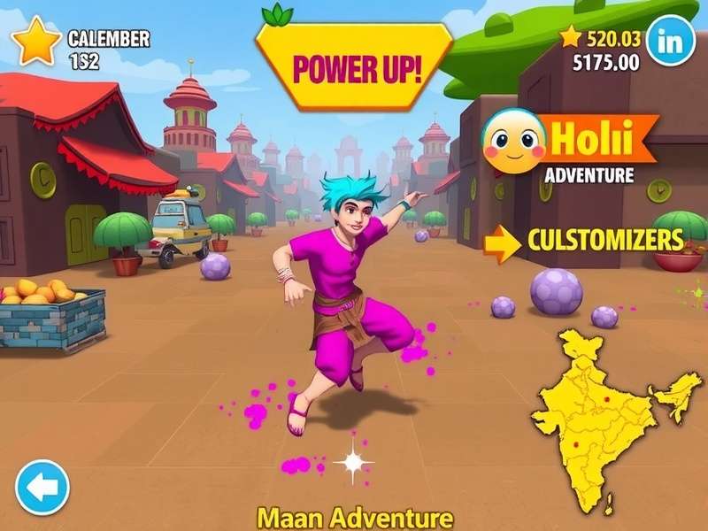 Holi Run Adventure gameplay screenshot showing colorful festival environment